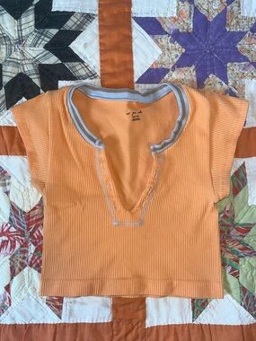 Urban Outfitters Orange Ribbed V-Neck Crop Top with Contrast Trim